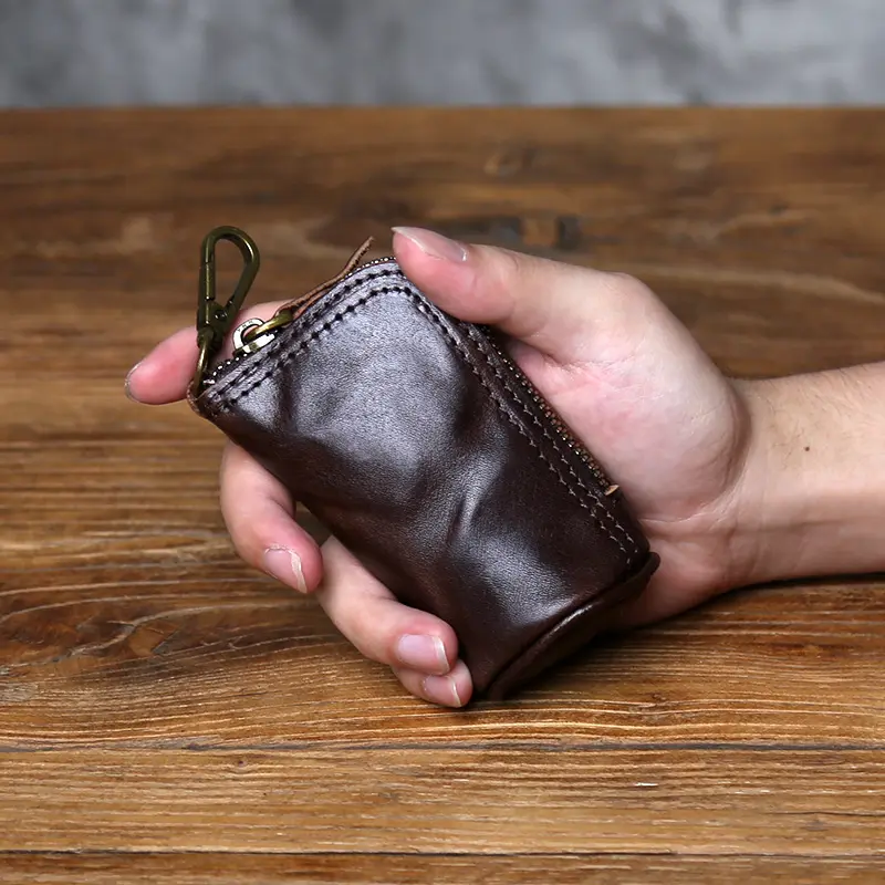 NZPJ Retro Genuine Leather Key Bag Natural Head Layer Cowhide Small Wallet Storage for Women Men Car Key Organizer