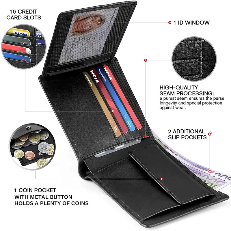 YATBEST Men's Wallet Three Fold Large Capacity 100% Genuine Leather RFID Anti Theft Brush With Coin Pocket Minimalist Money Bag