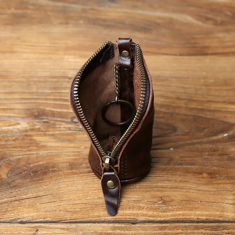 NZPJ Retro Genuine Leather Key Bag Natural Head Layer Cowhide Small Wallet Storage for Women Men Car Key Organizer