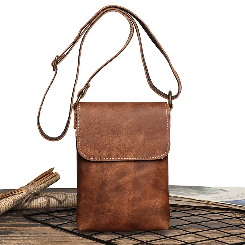 Retro Flip Black Small Shoulder Bag for Men Genuine Leather Sling Crossbody Bags Minority Design Man Simple Mobile Phone Bag