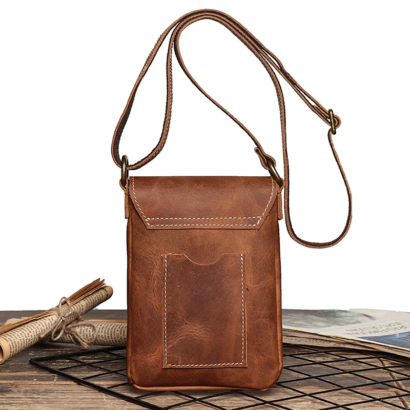 Retro Flip Black Small Shoulder Bag for Men Genuine Leather Sling Crossbody Bags Minority Design Man Simple Mobile Phone Bag