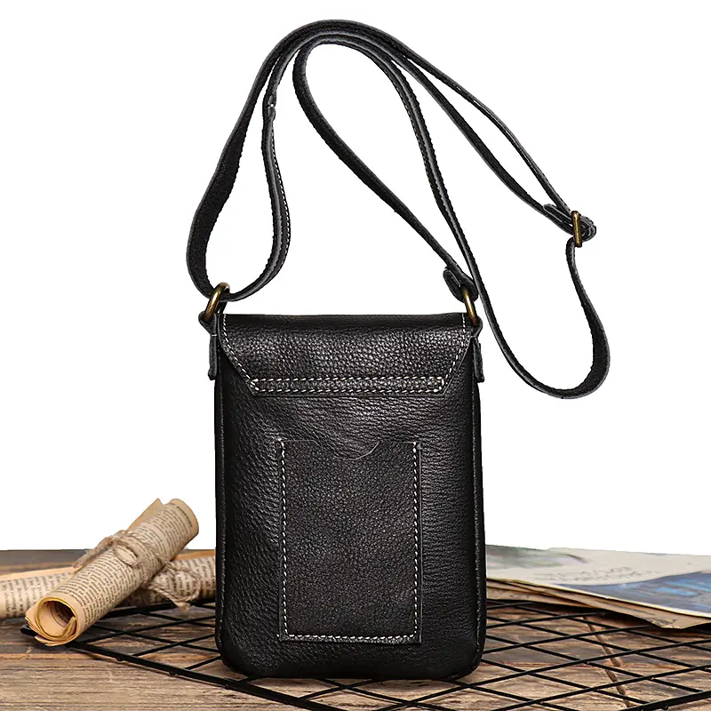 Retro Flip Black Small Shoulder Bag for Men Genuine Leather Sling Crossbody Bags Minority Design Man Simple Mobile Phone Bag
