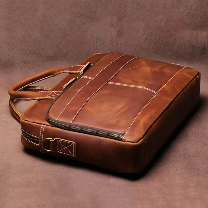 LEATHFOCUS Men's Genuine Leather Briefcases Man Vintage Messenger Bag 15.6 Inches Laptop Handbag Business Office A4 Document Bag