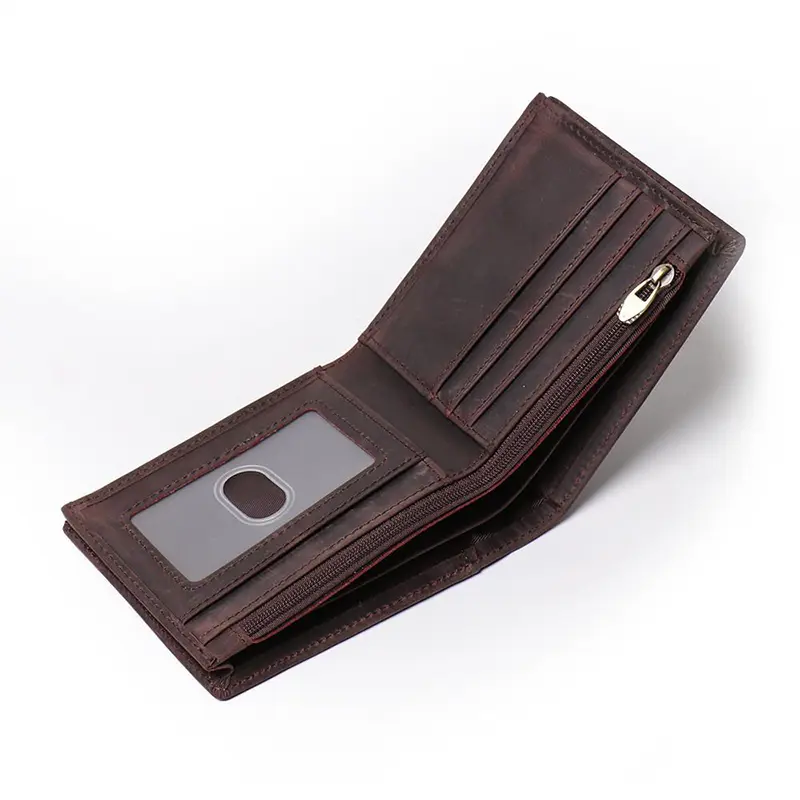 Men's Crazy Horse Leather Zipper Foldable Wallet Bank Credit Card Holder Men's Coin Purse Leather Simple Wallet