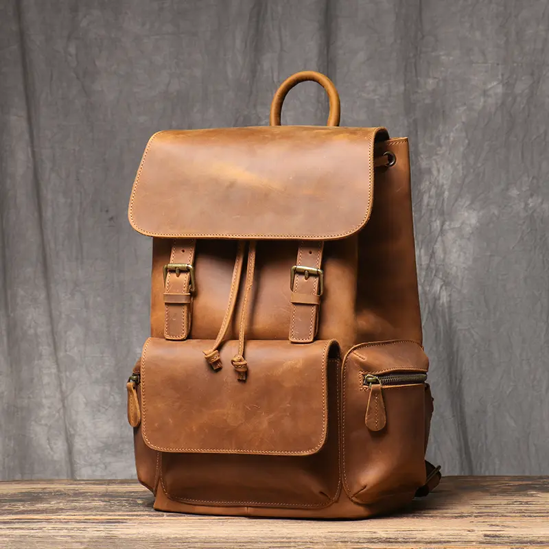 Crazy Horse Leather Backpack Men's Vintage Travel Satchel Bags College Schoolbag Large Capacity Backpack Laptop Bag Leathfocus