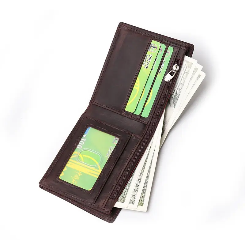 Men's Crazy Horse Leather Zipper Foldable Wallet Bank Credit Card Holder Men's Coin Purse Leather Simple Wallet