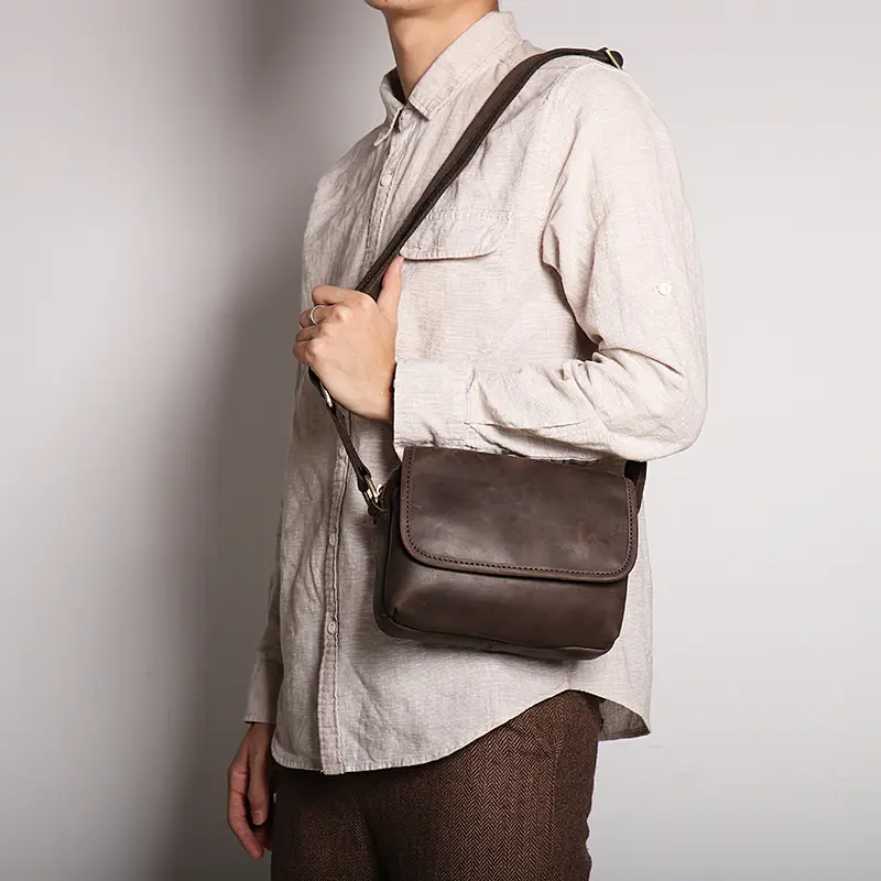 Real Leather Men's Shoulder Bag Vintage Daily Zipper Flap Phone Bag Man Simple Bag Crazy Horse Leather Retro Sling Ba