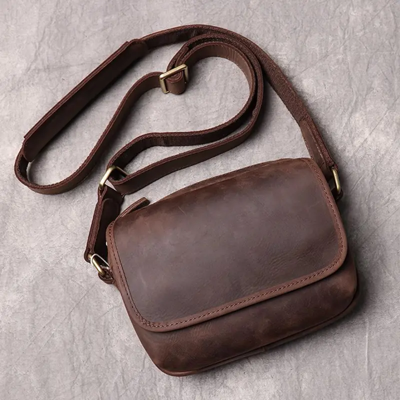 Real Leather Men's Shoulder Bag Vintage Daily Zipper Flap Phone Bag Man Simple Bag Crazy Horse Leather Retro Sling Ba