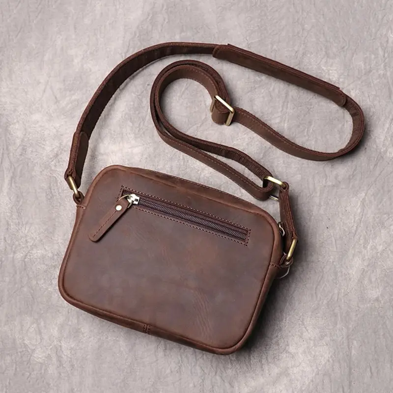 Real Leather Men's Shoulder Bag Vintage Daily Zipper Flap Phone Bag Man Simple Bag Crazy Horse Leather Retro Sling Ba