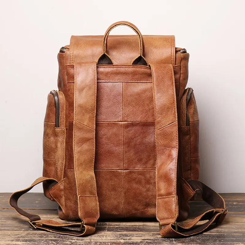 Cowhide Men's Backpack Vintage Brown Leather Casual Backpack 15.6'' Laptop Bag Large Capacity Outdoor Travel Backpack