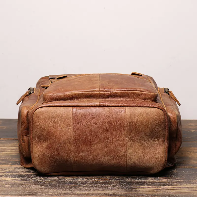 Cowhide Men's Backpack Vintage Brown Leather Casual Backpack 15.6'' Laptop Bag Large Capacity Outdoor Travel Backpack