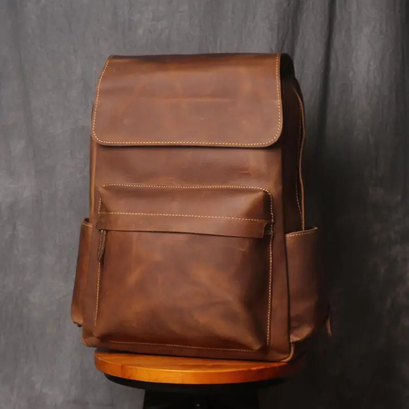 Vintage Leather Men's Backpack Large Capacity 15.6 Inch Laptop Bag Crazy Horse Leather Retro Travel College School Backpack