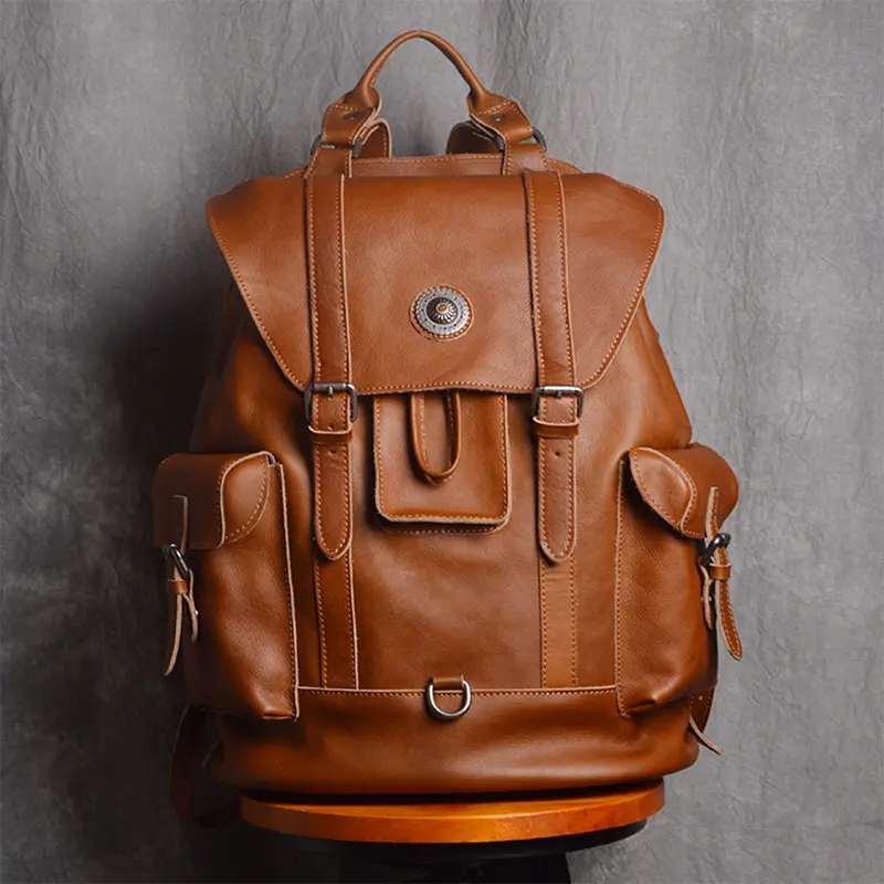 Leatherfocus Leather Travel Backpack Men Multifunctional Fashion Backpack Retro Large Capacity Backpacks for Women Laptop Bag