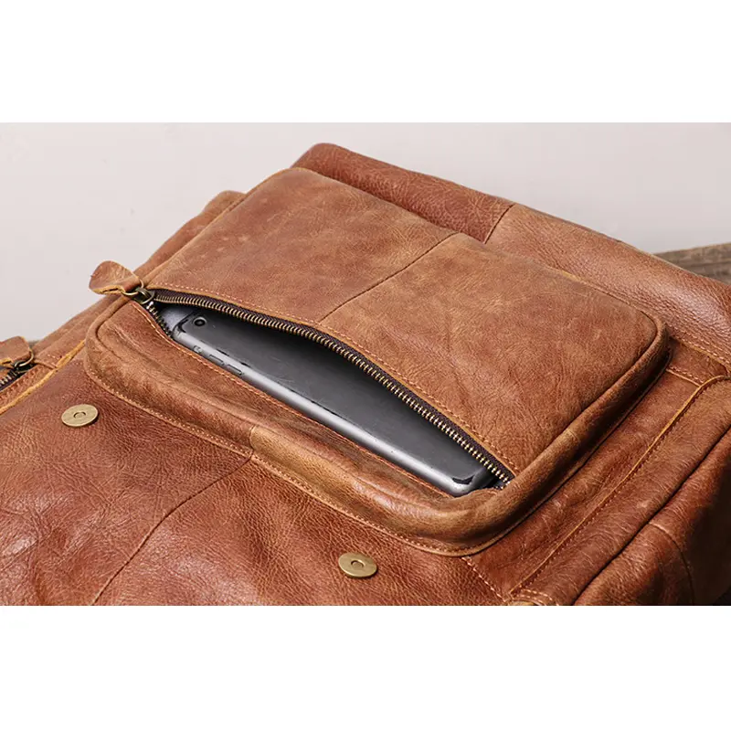 Cowhide Men's Backpack Vintage Brown Leather Casual Backpack 15.6'' Laptop Bag Large Capacity Outdoor Travel Backpack