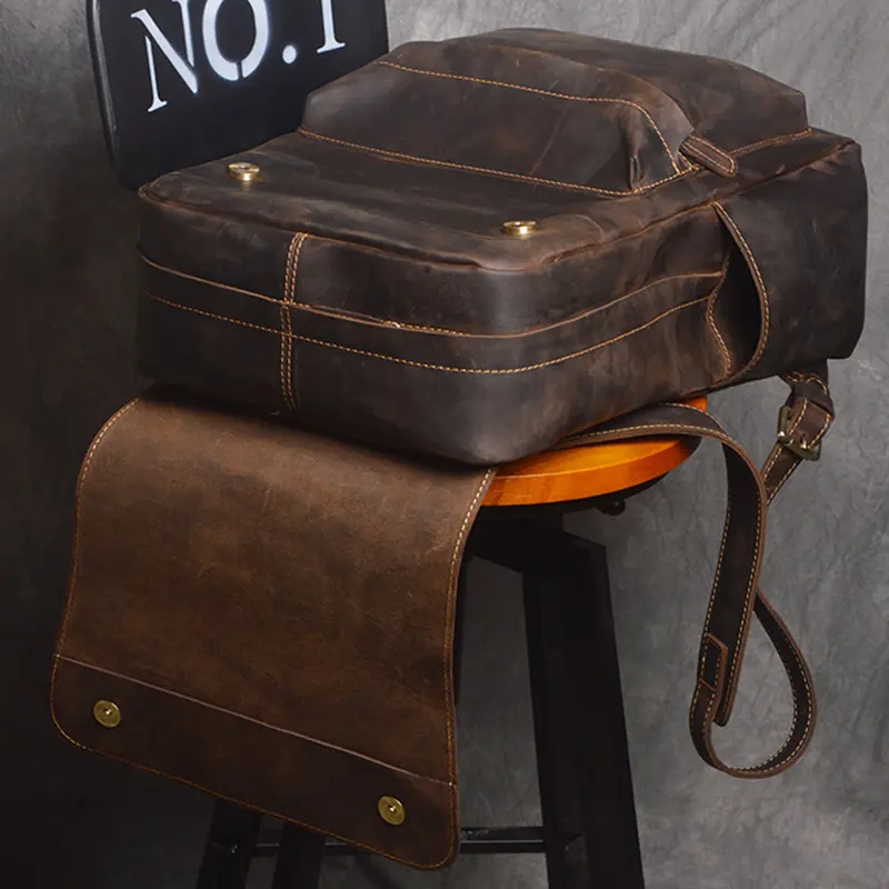 Vintage Leather Men's Backpack Large Capacity 15.6 Inch Laptop Bag Crazy Horse Leather Retro Travel College School Backpack