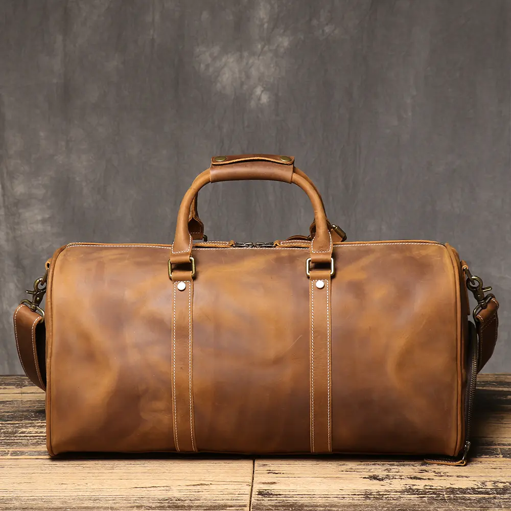 Men's High-Quality First-Layer Cowhide Handbag, Crazy Horse Leather Large-Capacity Crossbody Bag, Dual-Use with Shoe Compartment
