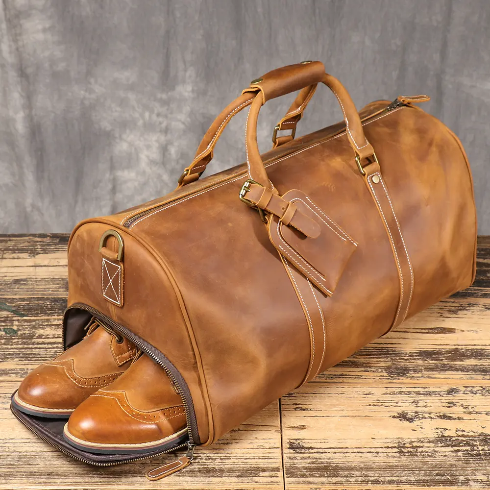 Men's High-Quality First-Layer Cowhide Handbag, Crazy Horse Leather Large-Capacity Crossbody Bag, Dual-Use with Shoe Compartment