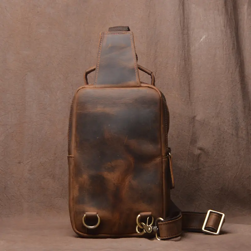 Vintage Men Chest Bag Crazy Horse Leather Men Handbag Sling Chest Day Pack Back Cross Body Shoulder Casual Bags