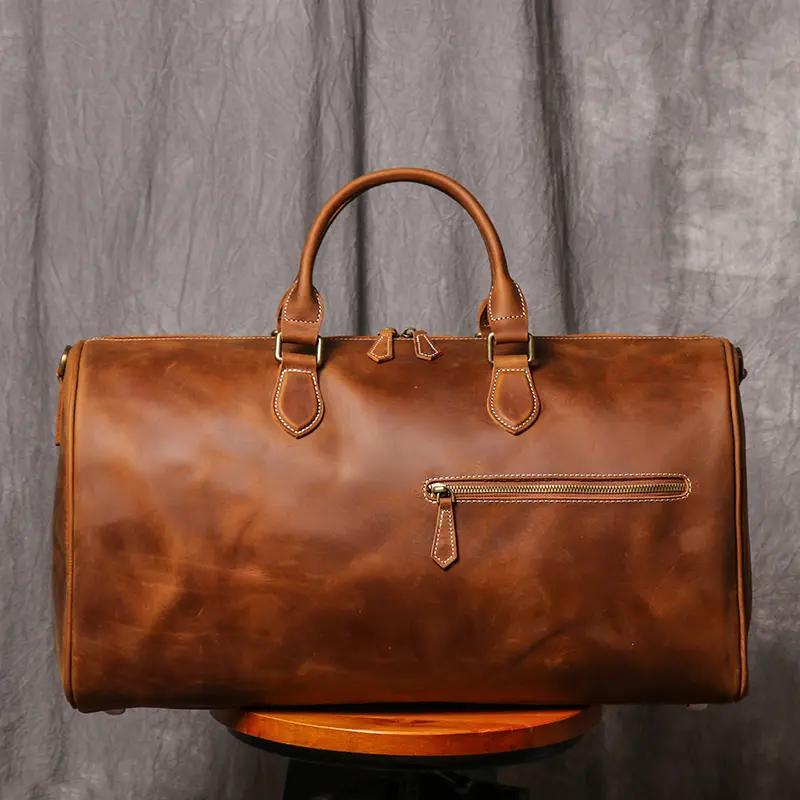 Leathfocus Men's Cowhide Travel Bag Women's Weekend Handbag Large Capacity Vintage Duffle Bag Crazy Horse Leather Laptop Bag
