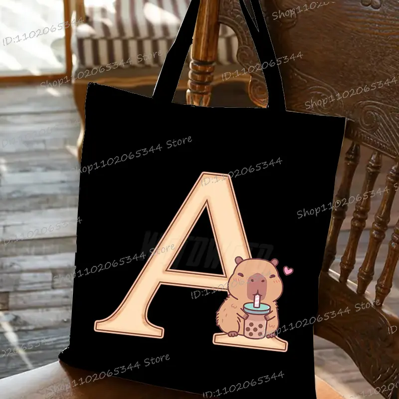 Capybara Creative Print 26 Letter Tote Bag Cartoon Anime Animal Alphabet A-Z Shopping Bags Fashion High-capacity Shoulder Bag