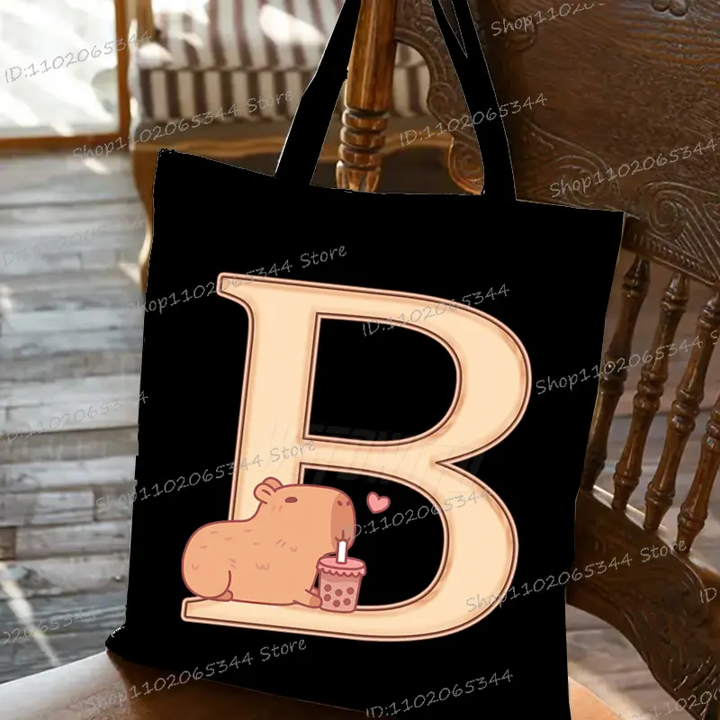Capybara Creative Print 26 Letter Tote Bag Cartoon Anime Animal Alphabet A-Z Shopping Bags Fashion High-capacity Shoulder Bag