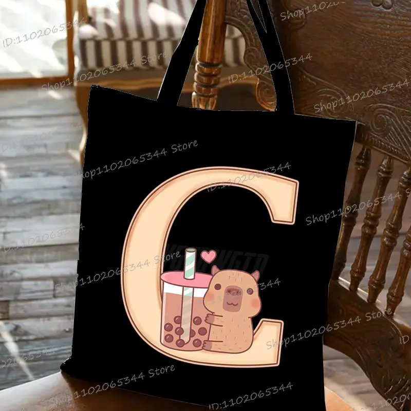 Capybara Creative Print 26 Letter Tote Bag Cartoon Anime Animal Alphabet A-Z Shopping Bags Fashion High-capacity Shoulder Bag
