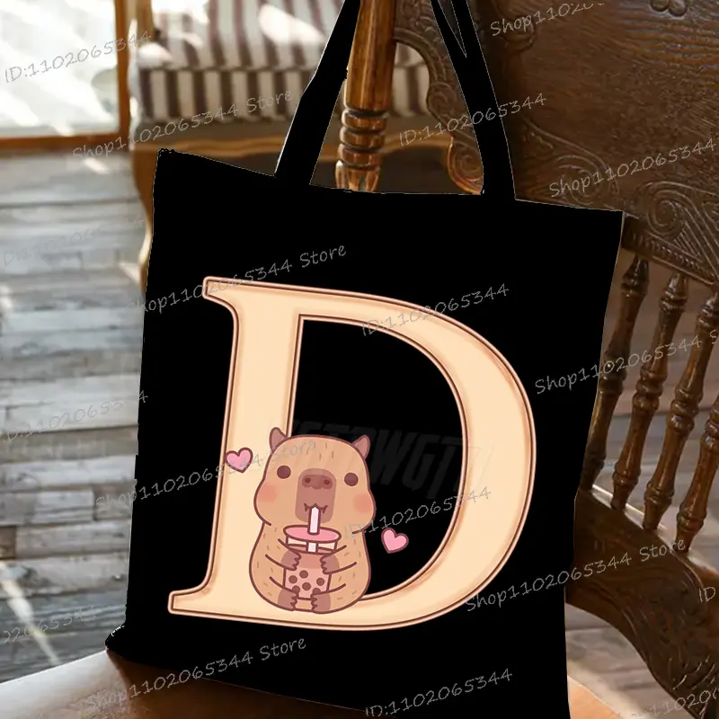Capybara Creative Print 26 Letter Tote Bag Cartoon Anime Animal Alphabet A-Z Shopping Bags Fashion High-capacity Shoulder Bag