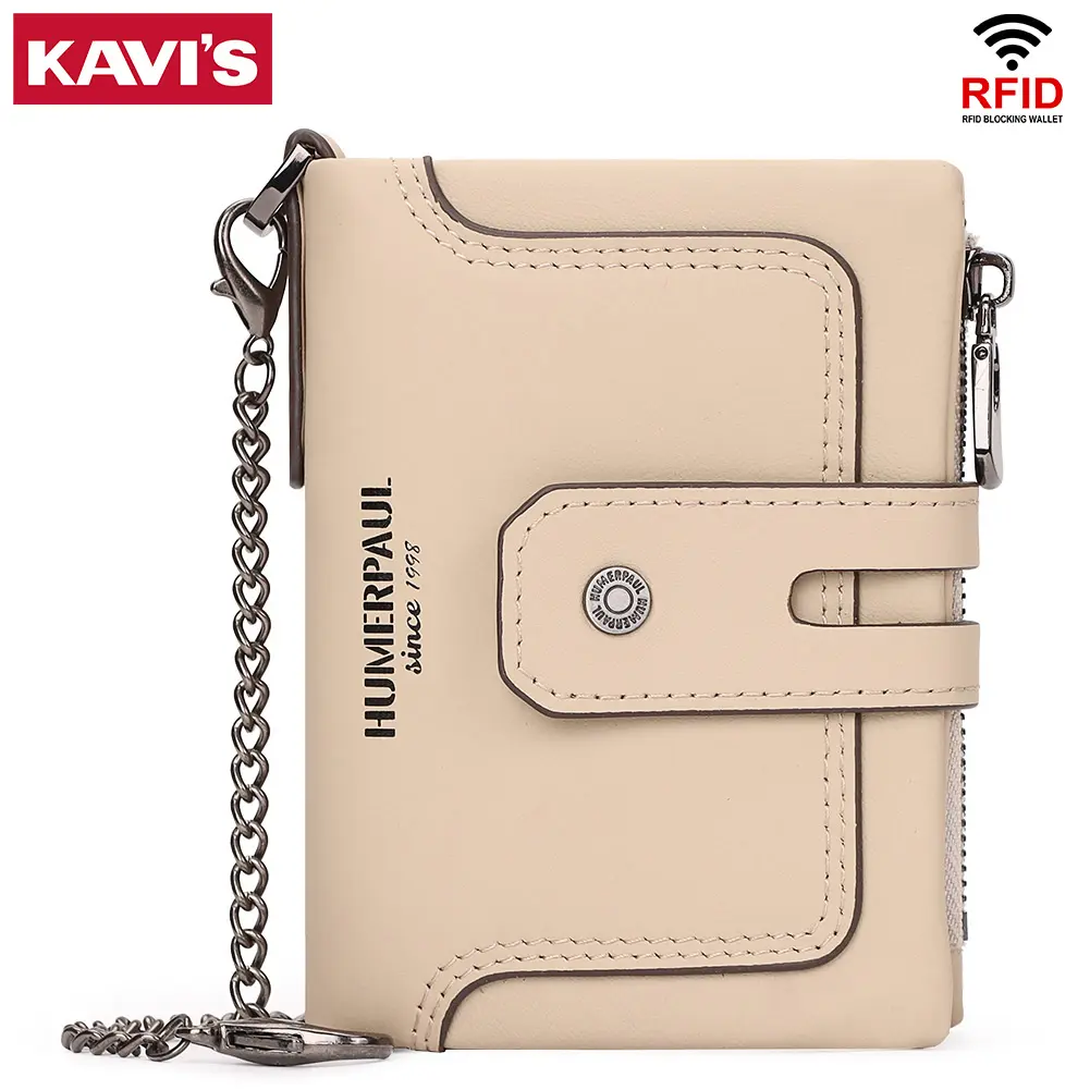 KAVIS Genuine Leather Women's Wallet Fashion Quality  Rfid Protect Credit Card Holder Purse for Men with Anti-theft Chain