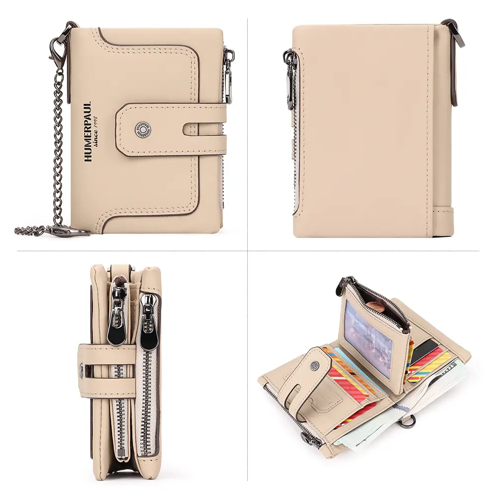 KAVIS Genuine Leather Women's Wallet Fashion Quality  Rfid Protect Credit Card Holder Purse for Men with Anti-theft Chain