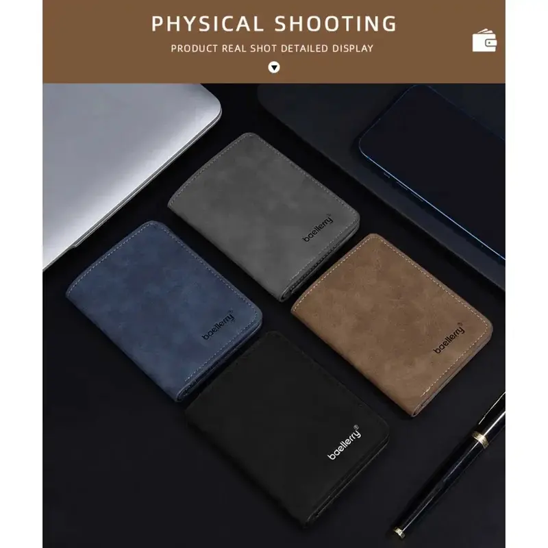 Thin matte leather multifunctional double fold men's short wallet card, driver's license card holder, casual