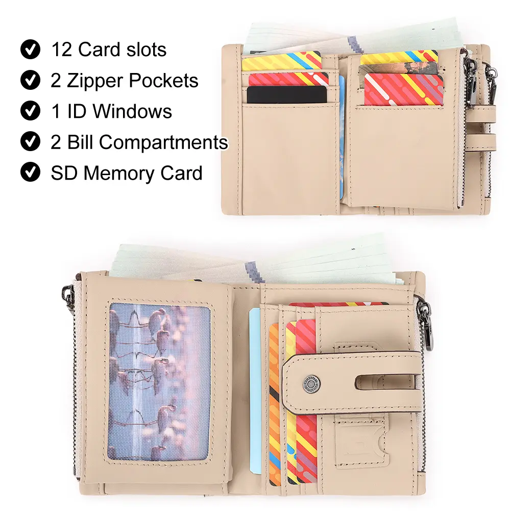 KAVIS Genuine Leather Women's Wallet Fashion Quality  Rfid Protect Credit Card Holder Purse for Men with Anti-theft Chain