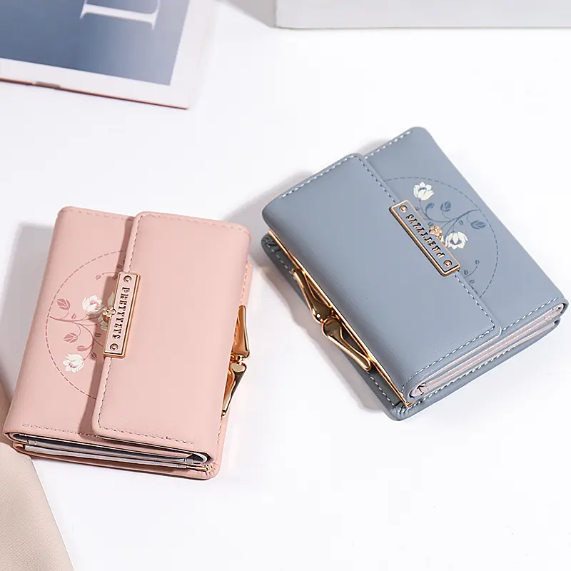 Purse women's summer new Korean PU printed buckle 3 fold bag simple all-in-one short women's money clip multi-card folding flap