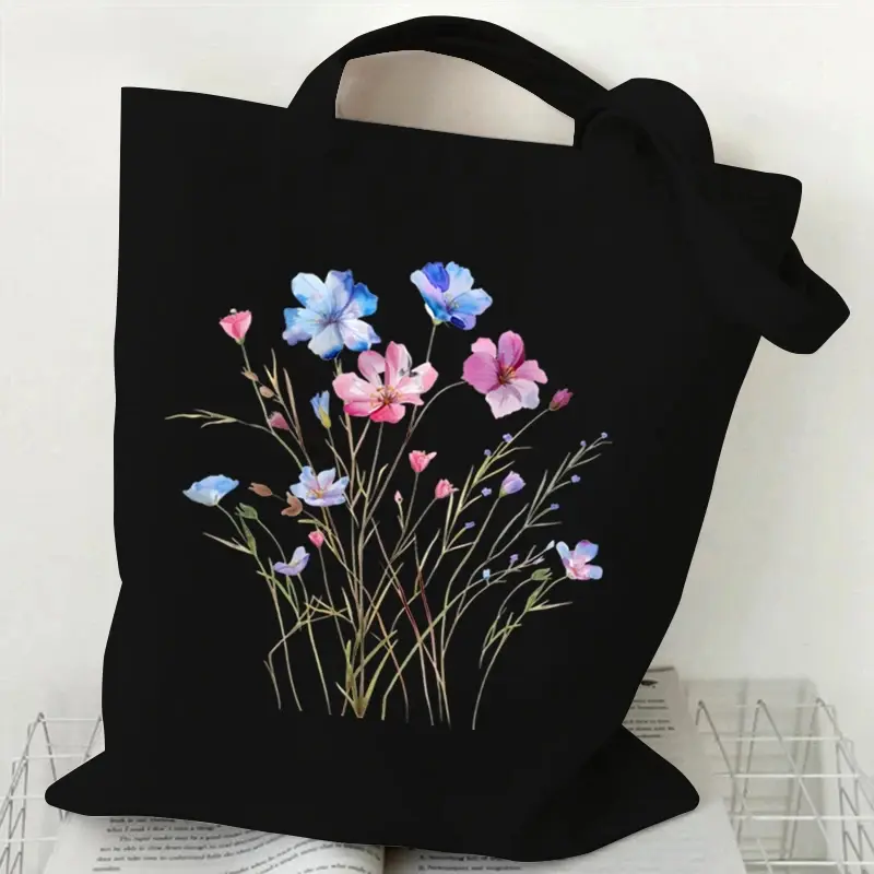 Wildflowers Print Handbag Purse Canvas Tote Bag High Quality Reusable Shopping Cloth Bag Supermarket Shopper Woman Shoulder Bag