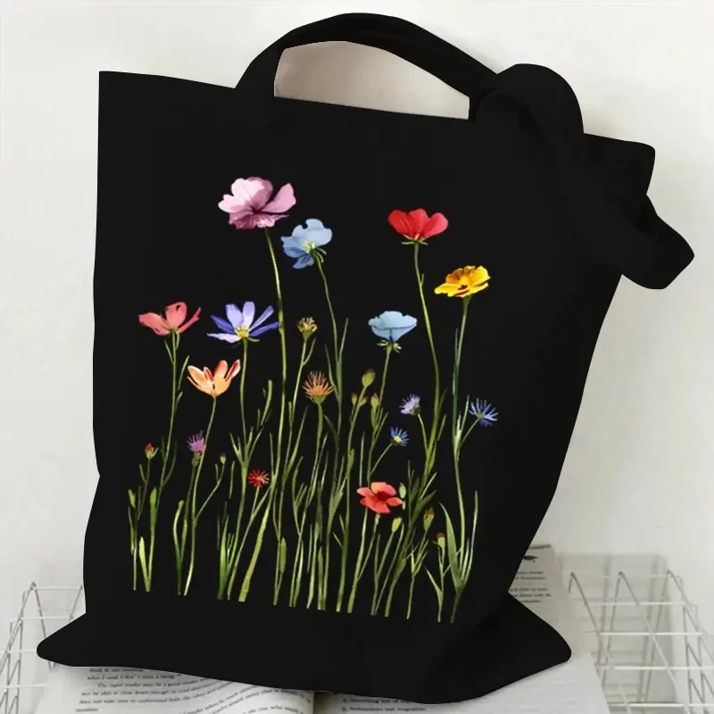 Wildflowers Print Handbag Purse Canvas Tote Bag High Quality Reusable Shopping Cloth Bag Supermarket Shopper Woman Shoulder Bag
