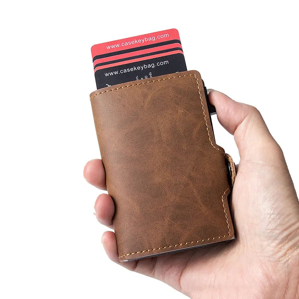 Casekey 2023 New Pu Leather RFID Card Holder Card Case Clutch Pop-up Wallet Aluminum Box Slim Smart Wallet Carteira Masculina