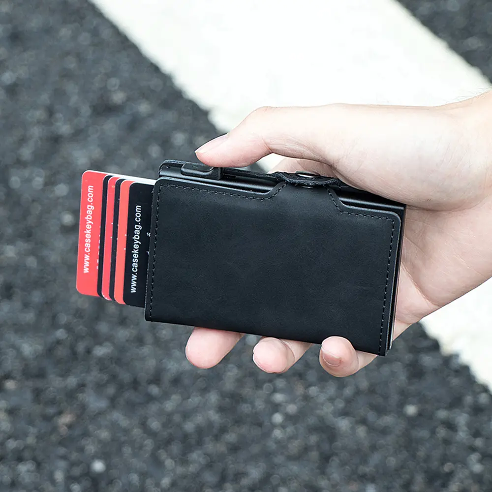 Casekey 2023 New Pu Leather RFID Card Holder Card Case Clutch Pop-up Wallet Aluminum Box Slim Smart Wallet Carteira Masculina