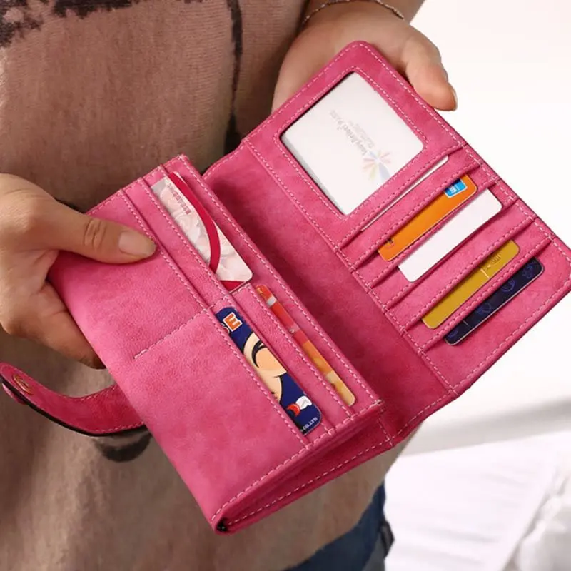 Popular European and American retro frosted PU leather high quality women's handbag multi-card folding buckle Fashion trend long