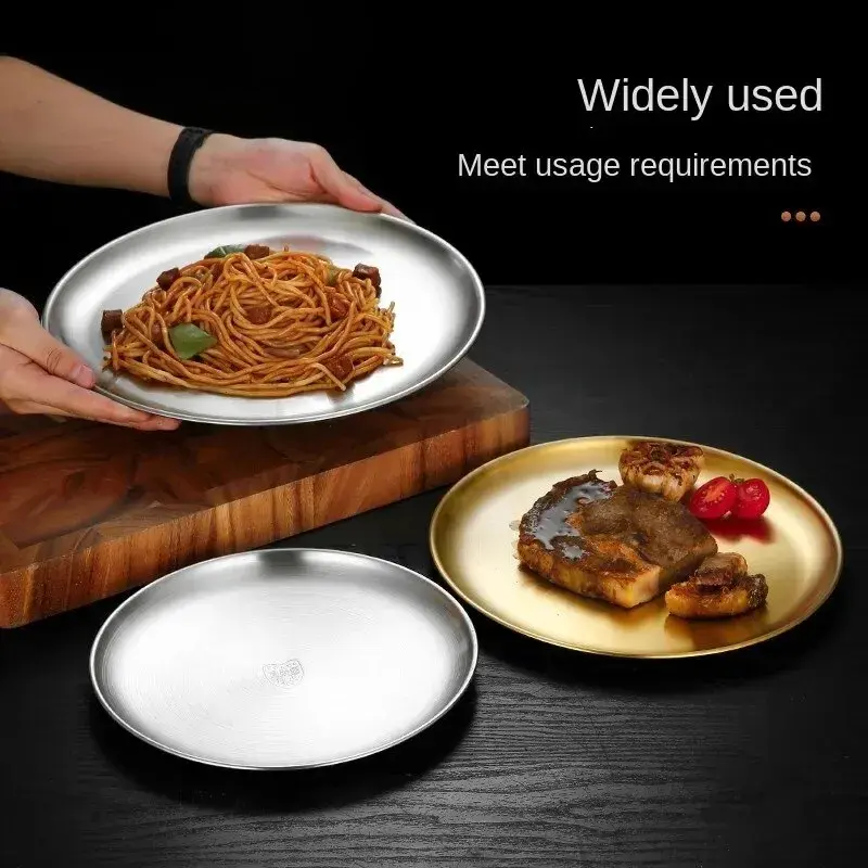 Thickened Stainless Steel Golden Round Fruit Plate Cake Plate Bone Tray BBQ Plate Flat Bottom Shallow Tray