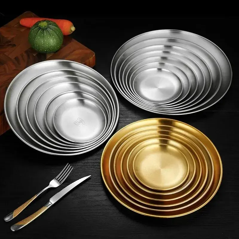Thickened Stainless Steel Golden Round Fruit Plate Cake Plate Bone Tray BBQ Plate Flat Bottom Shallow Tray