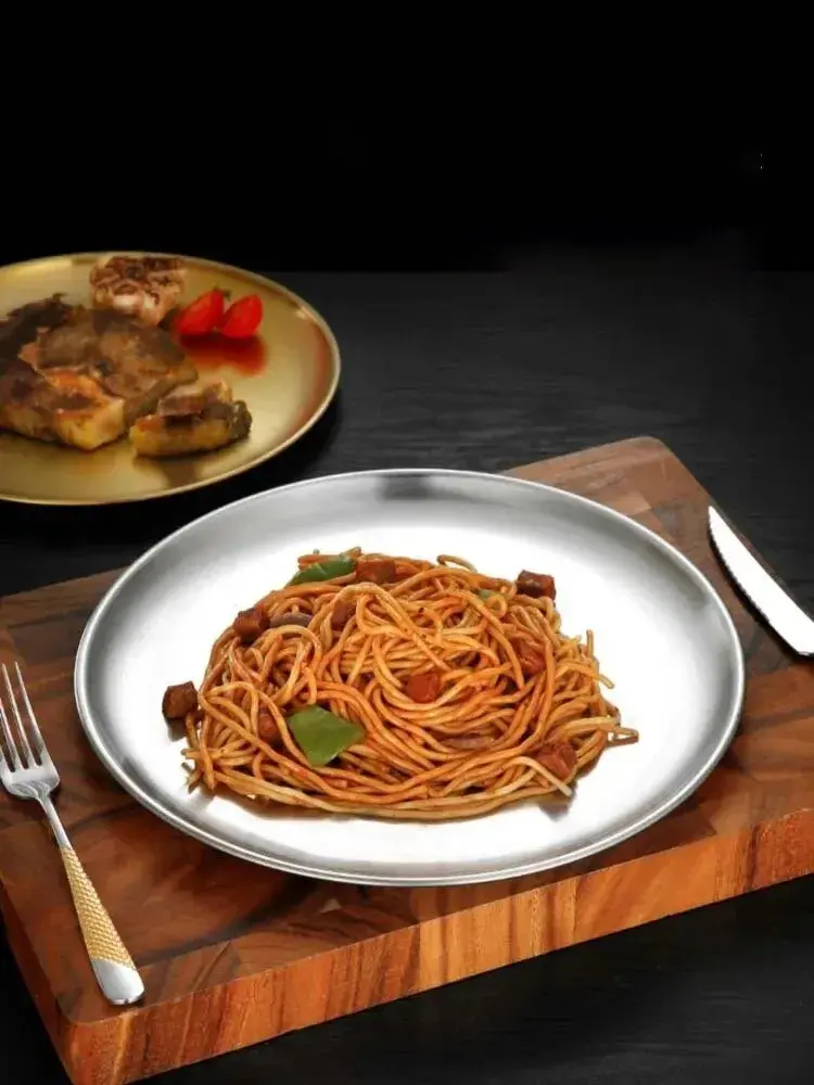 Thickened Stainless Steel Golden Round Fruit Plate Cake Plate Bone Tray BBQ Plate Flat Bottom Shallow Tray