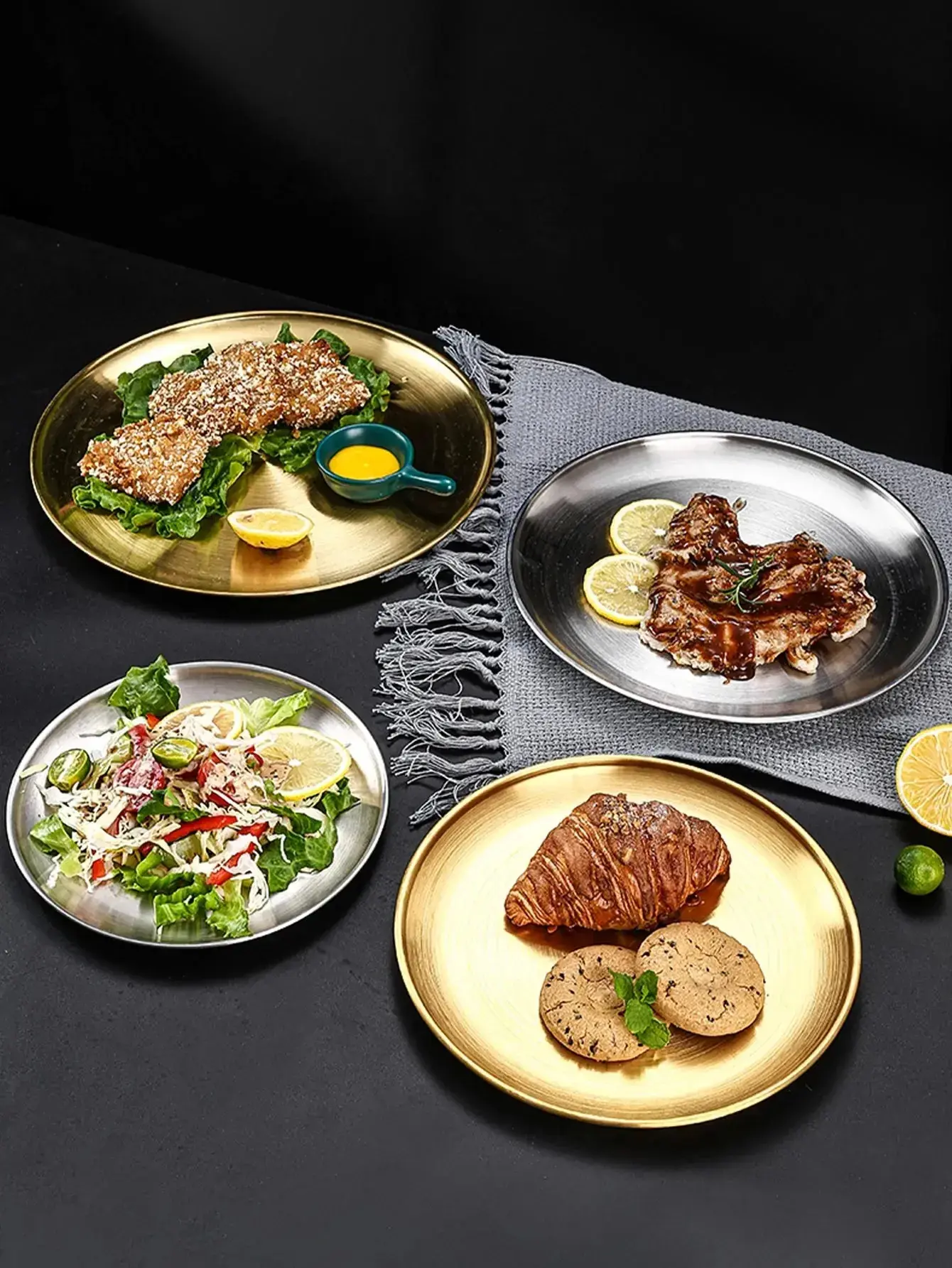 Thickened Stainless Steel Golden Round Fruit Plate Cake Plate Bone Tray BBQ Plate Flat Bottom Shallow Tray