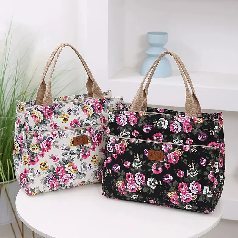 Fashion Floral Print Tote Bag Portable Canvas Lunch Bag Women's Casual Handbag Bento Mommy Bag For Picnic Travel