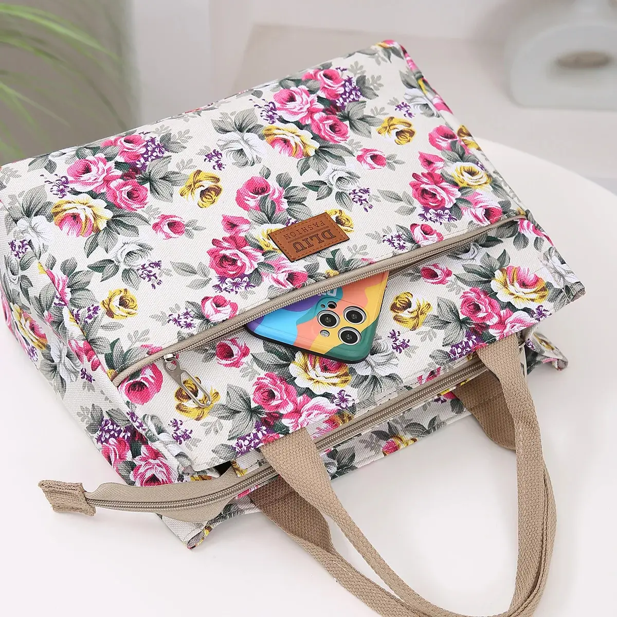 Fashion Floral Print Tote Bag Portable Canvas Lunch Bag Women's Casual Handbag Bento Mommy Bag For Picnic Travel