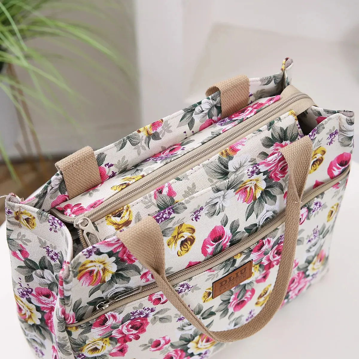 Fashion Floral Print Tote Bag Portable Canvas Lunch Bag Women's Casual Handbag Bento Mommy Bag For Picnic Travel