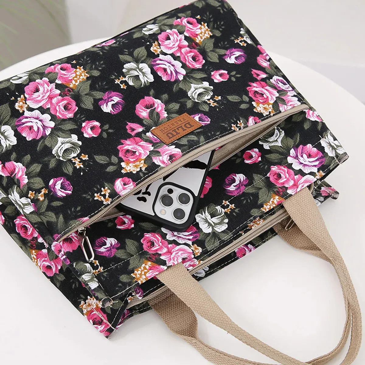 Fashion Floral Print Tote Bag Portable Canvas Lunch Bag Women's Casual Handbag Bento Mommy Bag For Picnic Travel