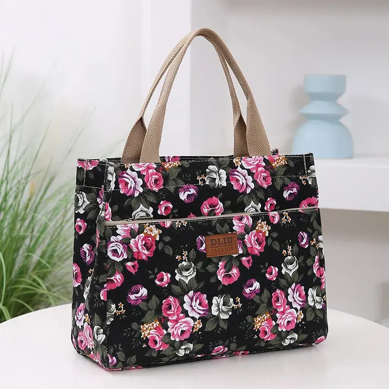 Fashion Floral Print Tote Bag Portable Canvas Lunch Bag Women's Casual Handbag Bento Mommy Bag For Picnic Travel
