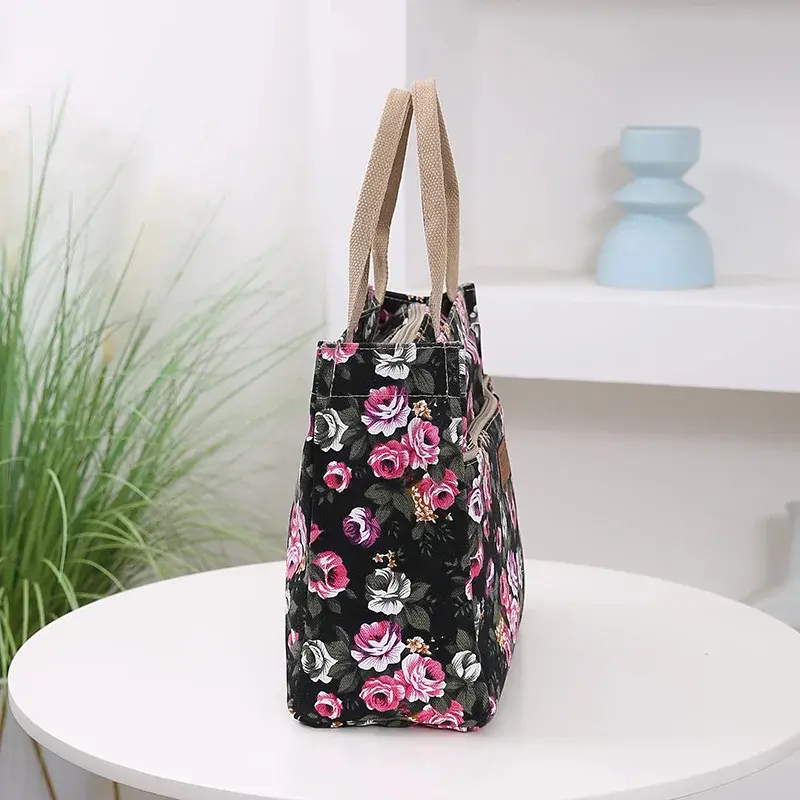 High Quality Portable Travel Floral Print Tote Bag Canvas Lunch Box Bag Women's Casual Handbag & Bento Mommy Bag For Picnic