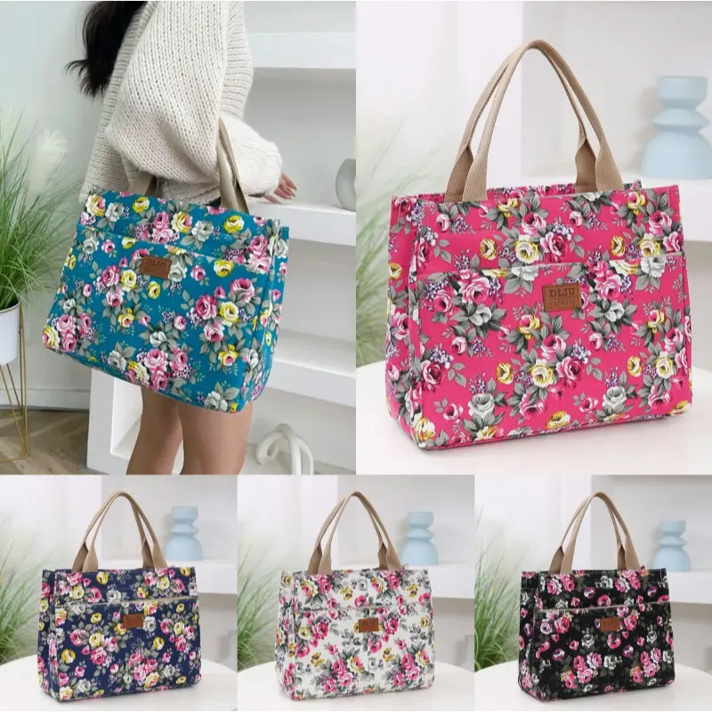 Portable Canvas Lunch Bag Fashion Floral Print Tote Bag Women's Casual Handbag & Bento Mommy Bag For Picnic Travel