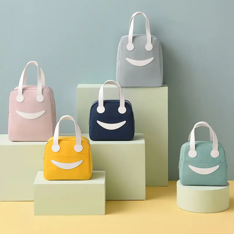Cute Smile Portable Lunch Bag Insulated Refrigerated Food Safety Girl Warm Food Picnic Office Student Zipper Food Storage Box
