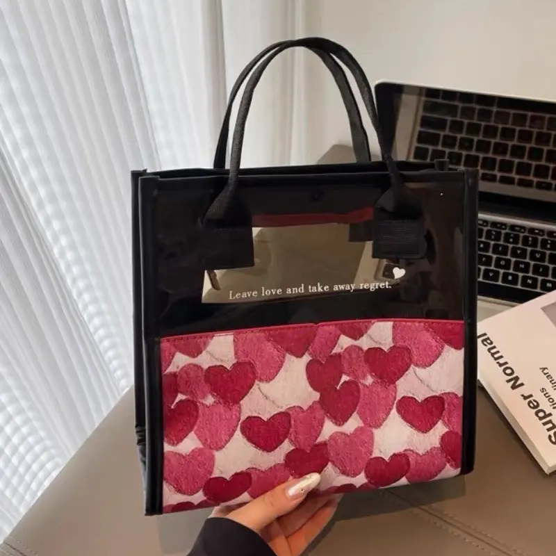 PU Women Tote Bag Love Shape Handbag Large Capacity Grocery Bag Gift Bag Beach Organizer Portable Shopping Bag Lunch Bag